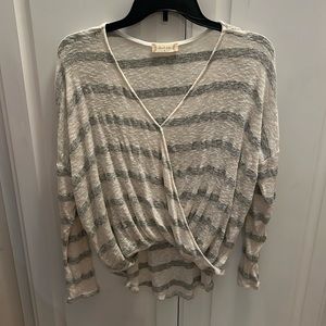 Altar’d State Top Metallic Striped Draped Long Sleeve Grey/Ivory SMALL